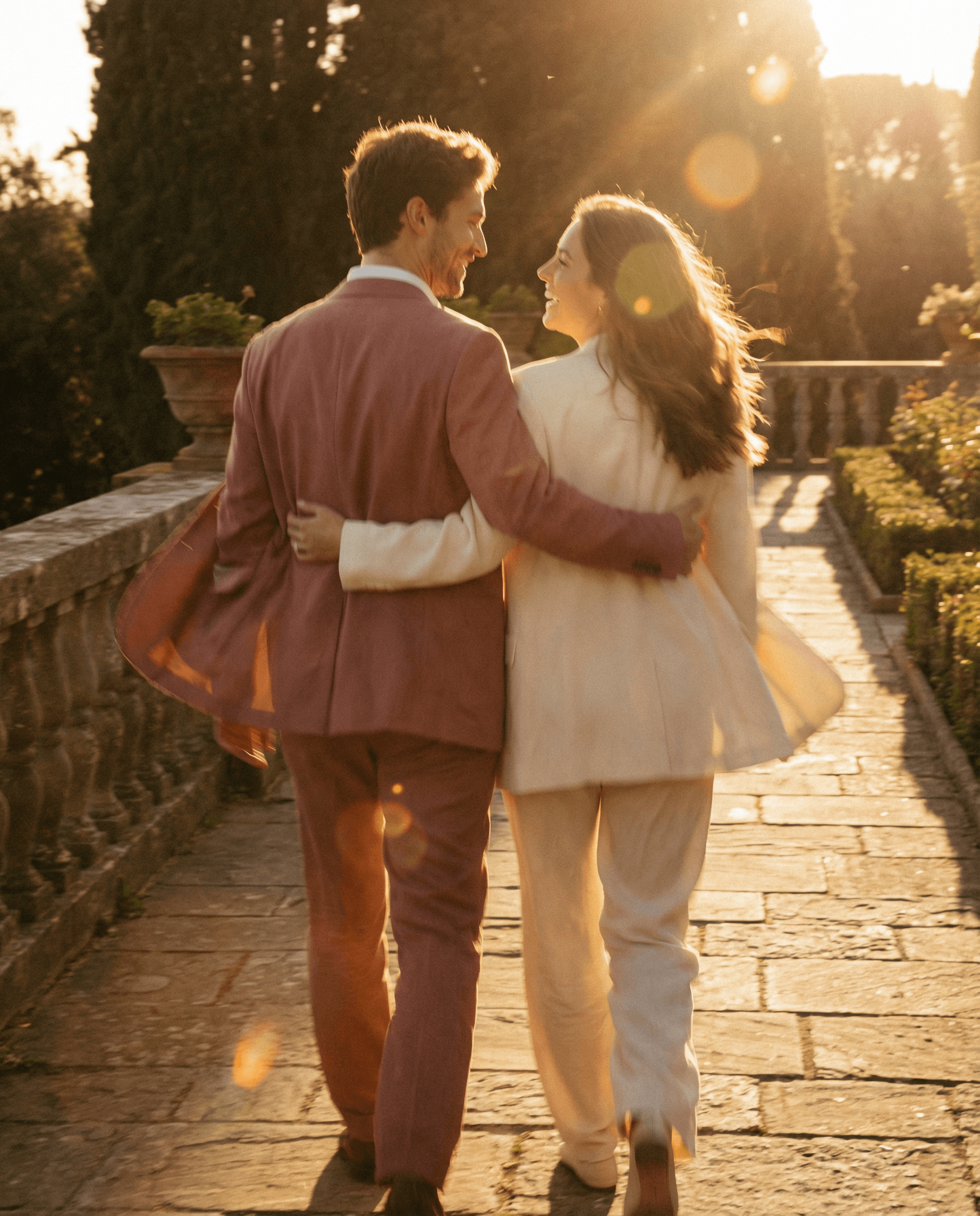 Stylish couple on neon-lit city street with electric urban energy