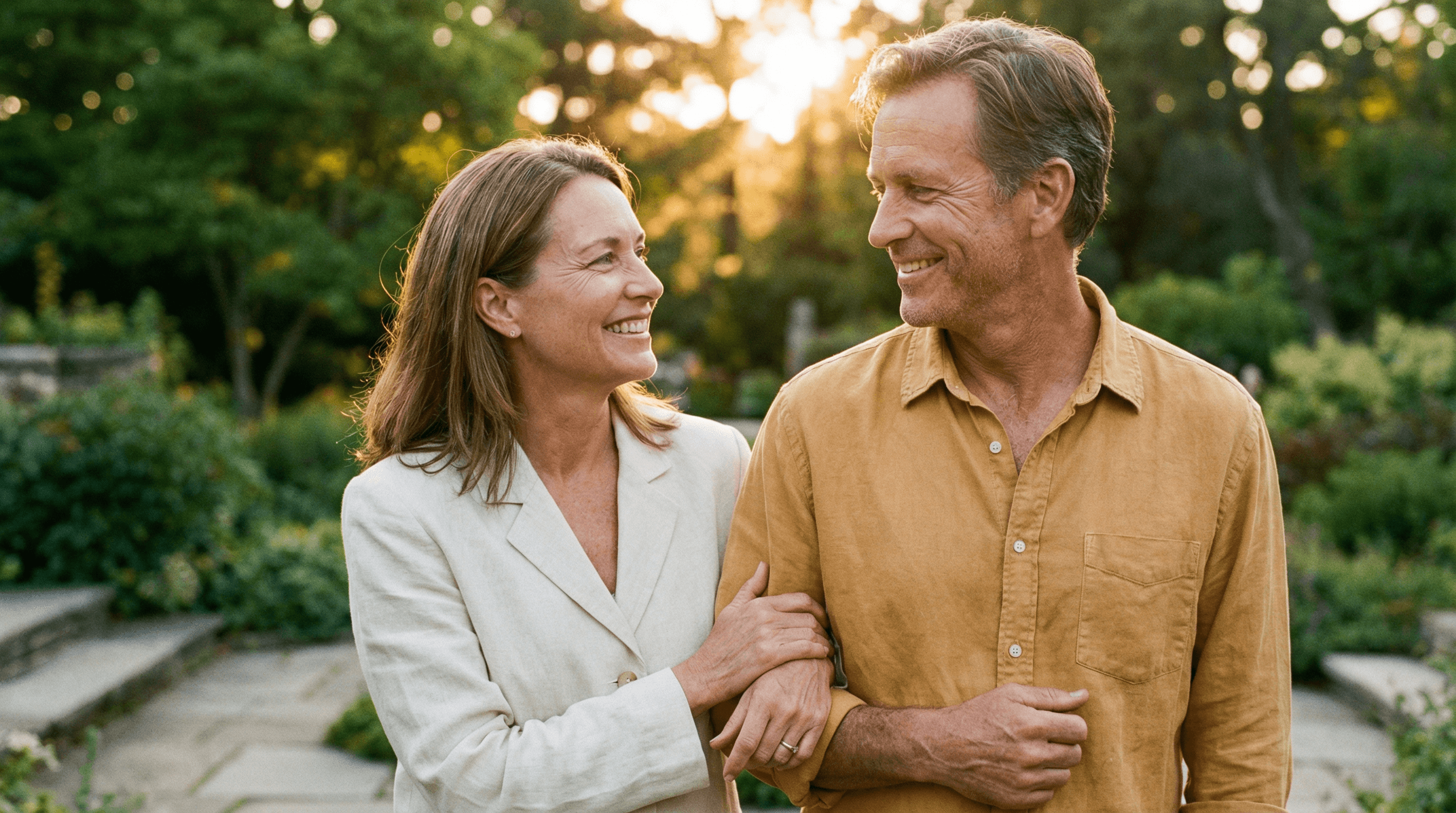 Couple laughing in golden Mediterranean garden — cinematic romance, flowing clothes